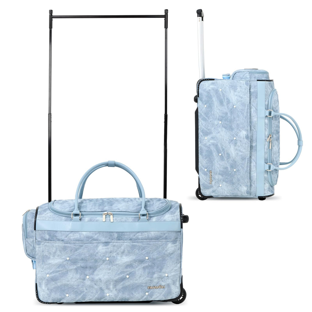 Fanwoli 23" Light Denim Dance Bag with Garment Rack | Pearlized Quilting | Waterproof Textured PU Leather | Competition Duffle Bags | Rolling Suitcase for Dancer Cheerleader Performers