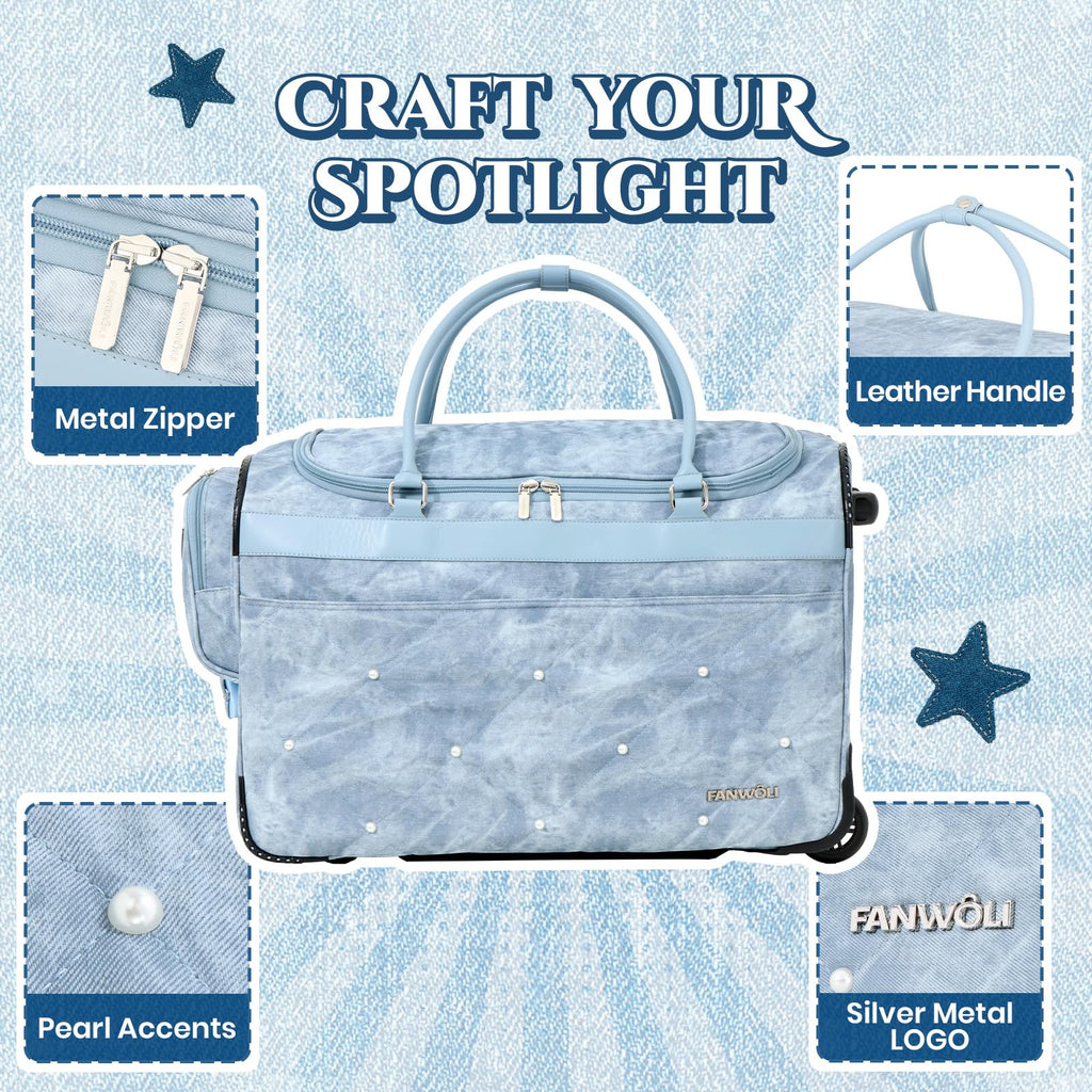 Fanwoli 23" Light Denim Dance Bag with Garment Rack | Pearlized Quilting | Waterproof Textured PU Leather | Competition Duffle Bags | Rolling Suitcase for Dancer Cheerleader Performers
