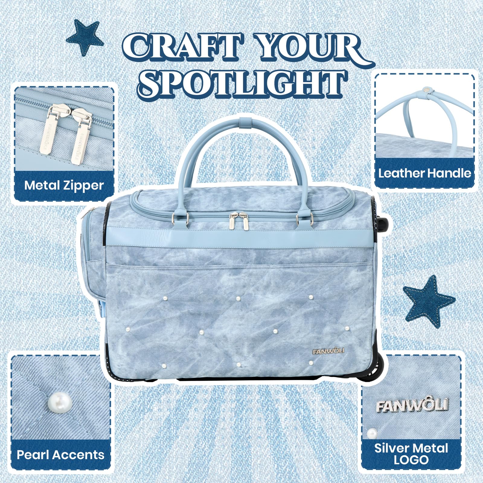 Fanwoli 23" Light Denim Dance Bag with Garment Rack | Pearlized Quilting | Waterproof Textured PU Leather | Competition Duffle Bags | Rolling Suitcase for Dancer Cheerleader Performers