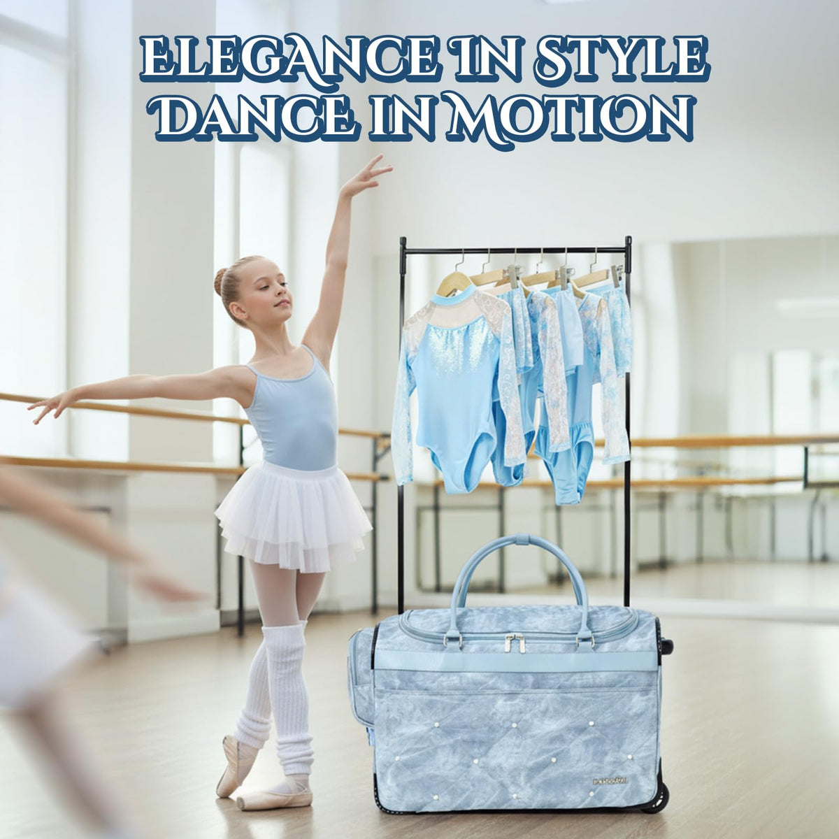Fanwoli 23" Light Denim Dance Bag with Garment Rack | Pearlized Quilting | Waterproof Textured PU Leather | Competition Duffle Bags | Rolling Suitcase for Dancer Cheerleader Performers