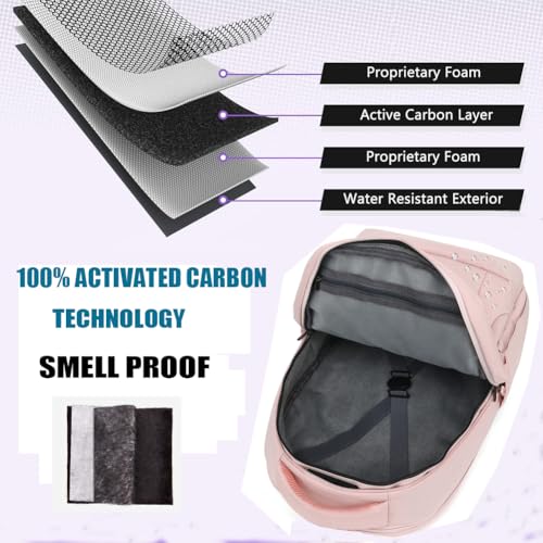 FEDESERN Smell Proof Backpack with Lock,Water Resistant Smell Proof Bags Travel Laptop Backpack,Large Capacity Carbon Enduring Smell Proof Stash Bag with Lock for Men Women (Pink)