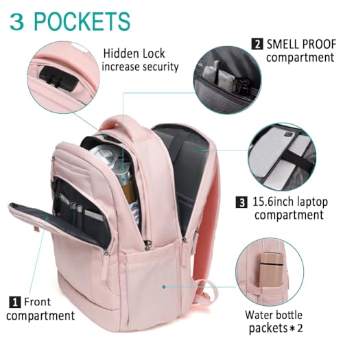 FEDESERN Smell Proof Backpack with Lock,Water Resistant Smell Proof Bags Travel Laptop Backpack,Large Capacity Carbon Enduring Smell Proof Stash Bag with Lock for Men Women (Pink)