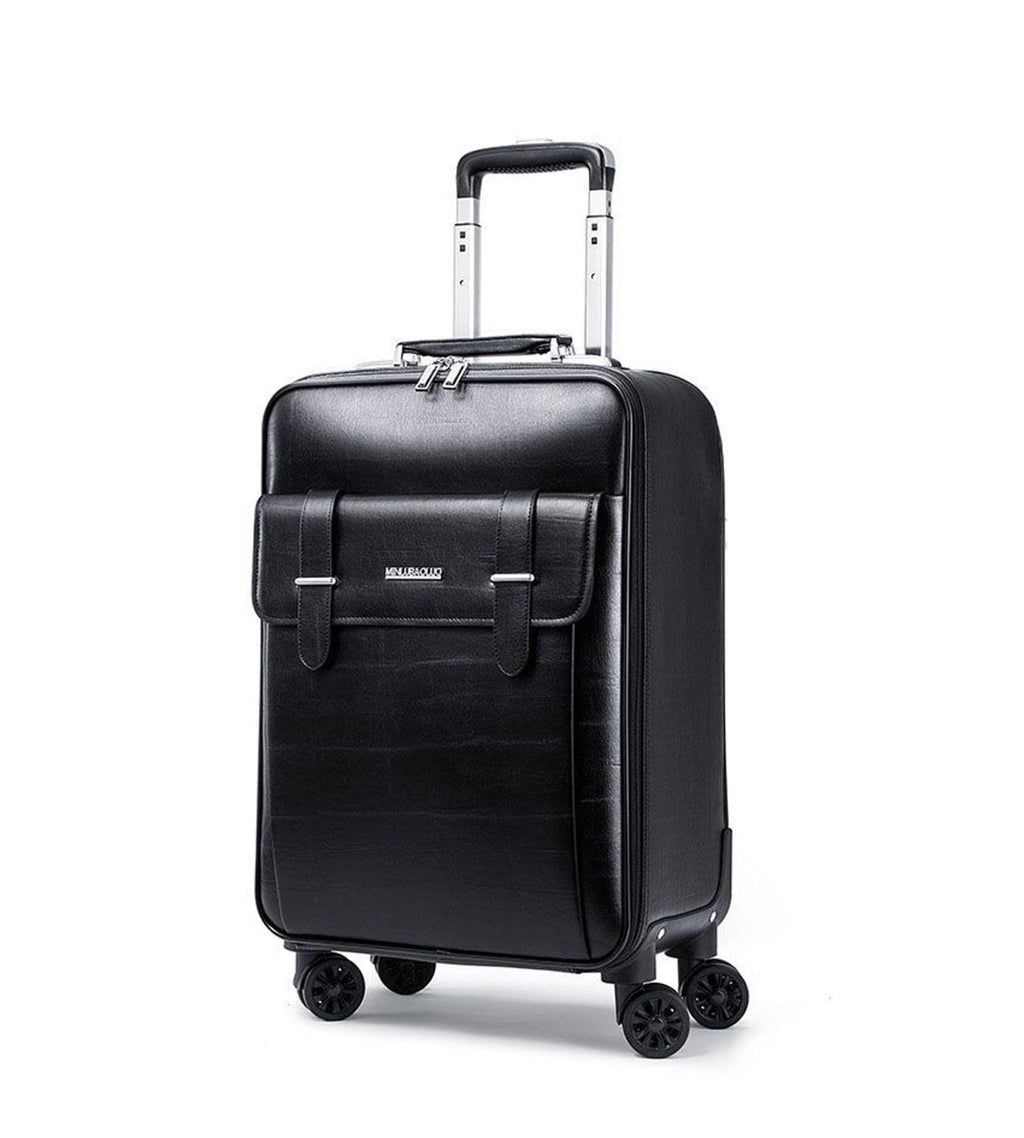 feilario Business Spinner Wheels Luggage PVC Leather Waterproof Carry-On Suitcase Aluminum Alloy Handle Soft Shell Luggage with TSA Lock (Black, 20in)