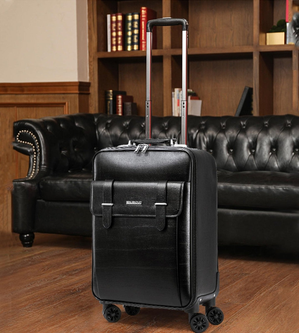 feilario Business Spinner Wheels Luggage PVC Leather Waterproof Carry - On Suitcase Aluminum Alloy Handle Soft Shell Luggage with TSA Lock (Black, 20in)
