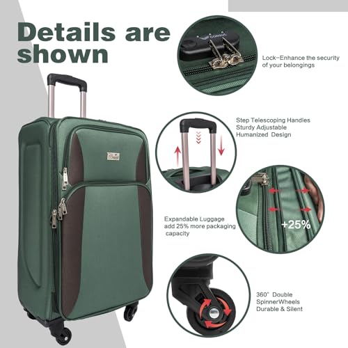 FELICIFE Softshell Luggage, Expandable 4 Piece Set (20/24/28/32 Inch) Suitcase, Softside Lightweight Luggage Travel Set, Exterior Pockets Multiple Compartments (Dark Green)