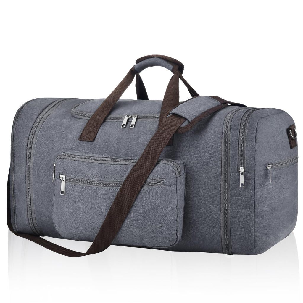 Felipe Varela 60L Duffle Bag for Men, Large Expandable Canvas Duffel Bag for Travel, Mens Carry On Luggage Bag Traveling Weekender Gym Overnight Bags for Airplanes, Grey