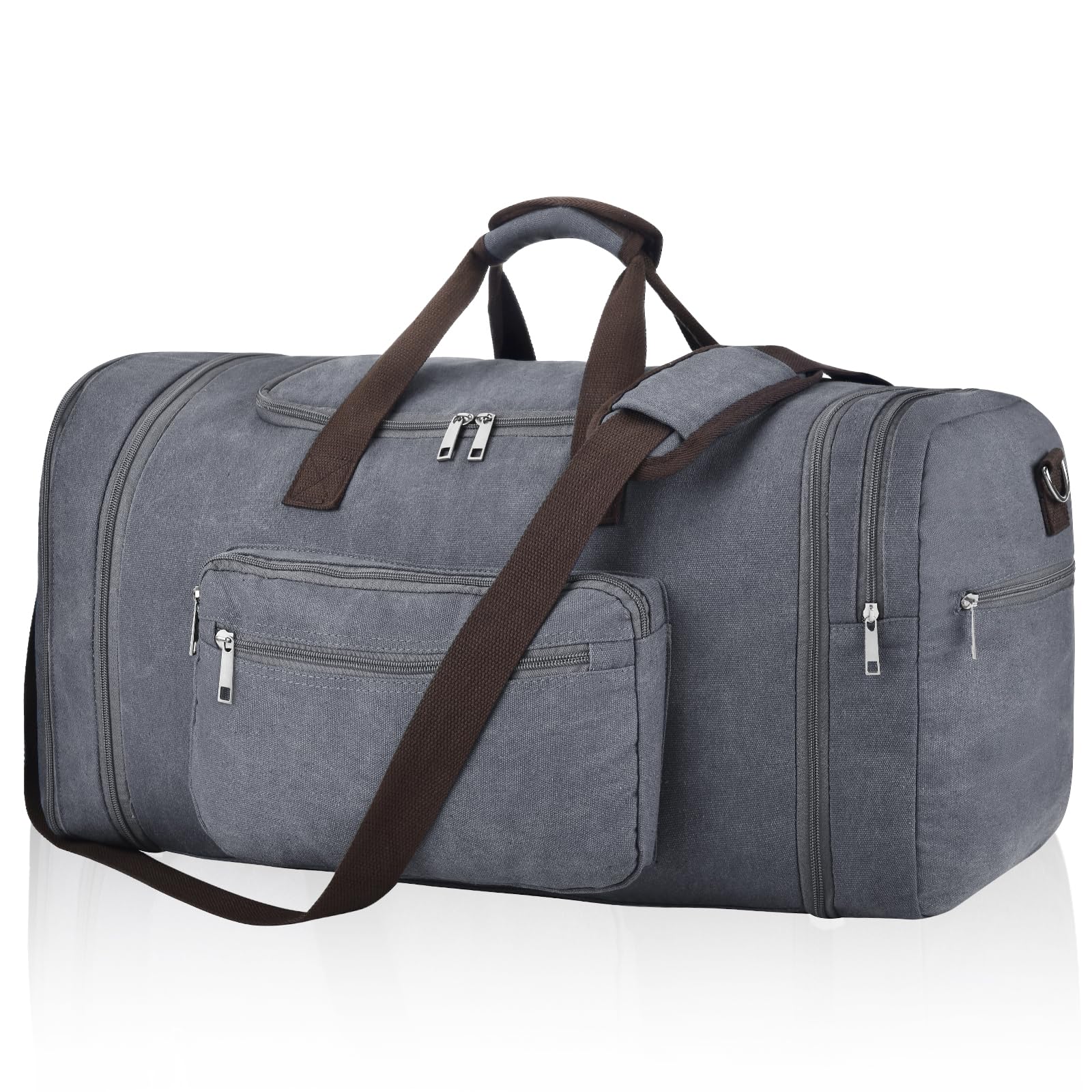 Felipe Varela 60L Duffle Bag for Men, Large Expandable Canvas Duffel Bag for Travel, Mens Carry On Luggage Bag Traveling Weekender Gym Overnight Bags for Airplanes, Grey