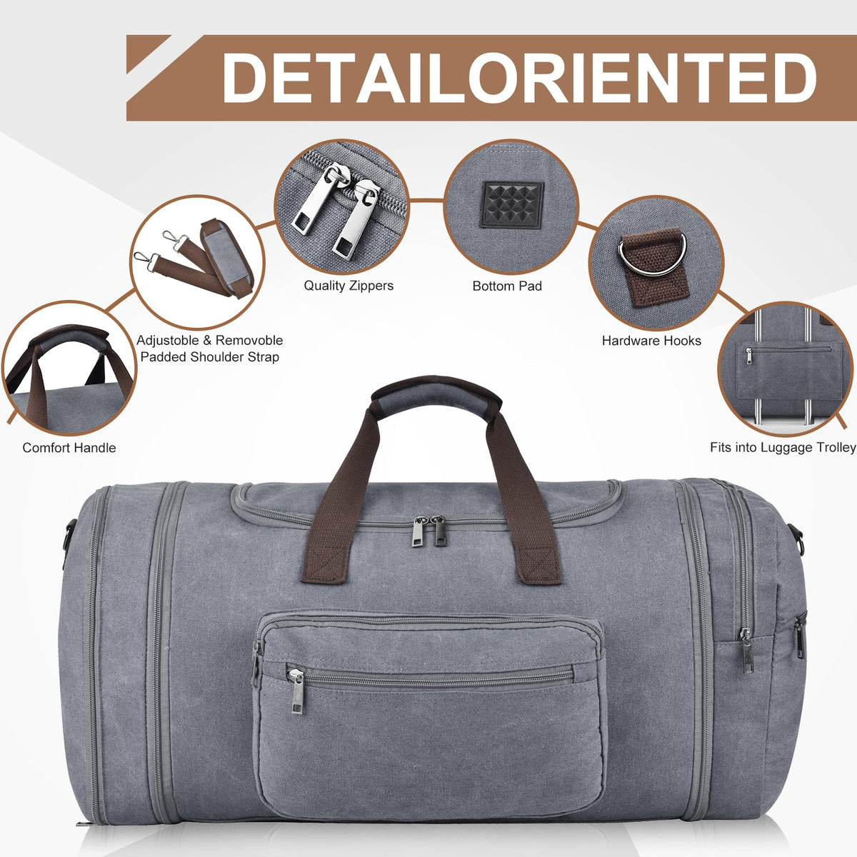 Felipe Varela 60L Duffle Bag for Men, Large Expandable Canvas Duffel Bag for Travel, Mens Carry On Luggage Bag Traveling Weekender Gym Overnight Bags for Airplanes, Grey