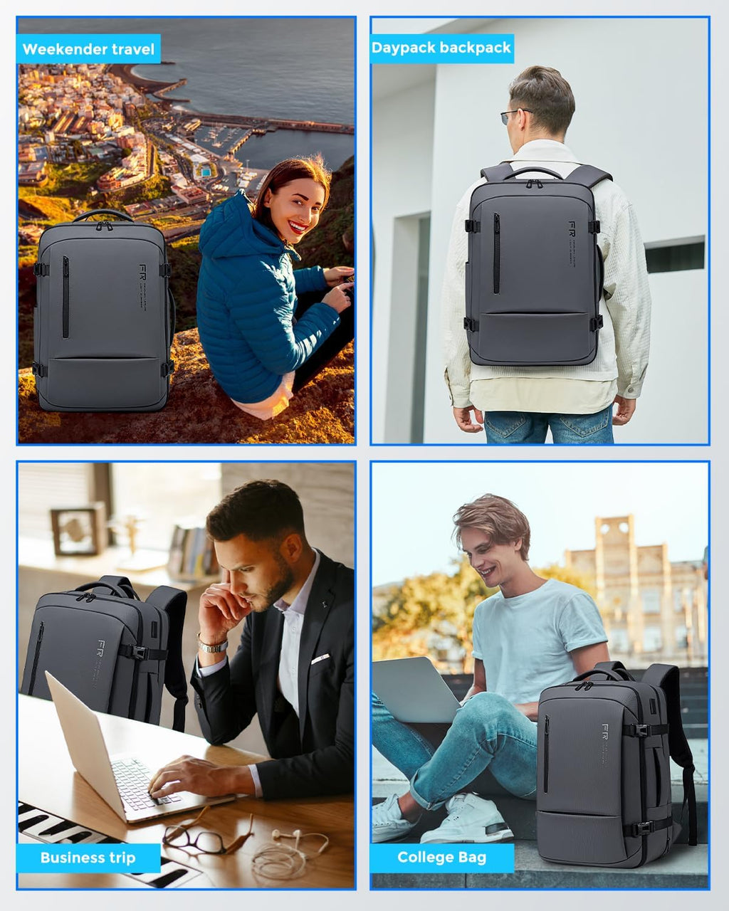 Fenree.geer 17.3 Inch Travel Laptop Backpack for Men, Water Resistant Carry On Backpack with USB Port, Expandable Computer Daypack, Grey Business Backpack for College/Work