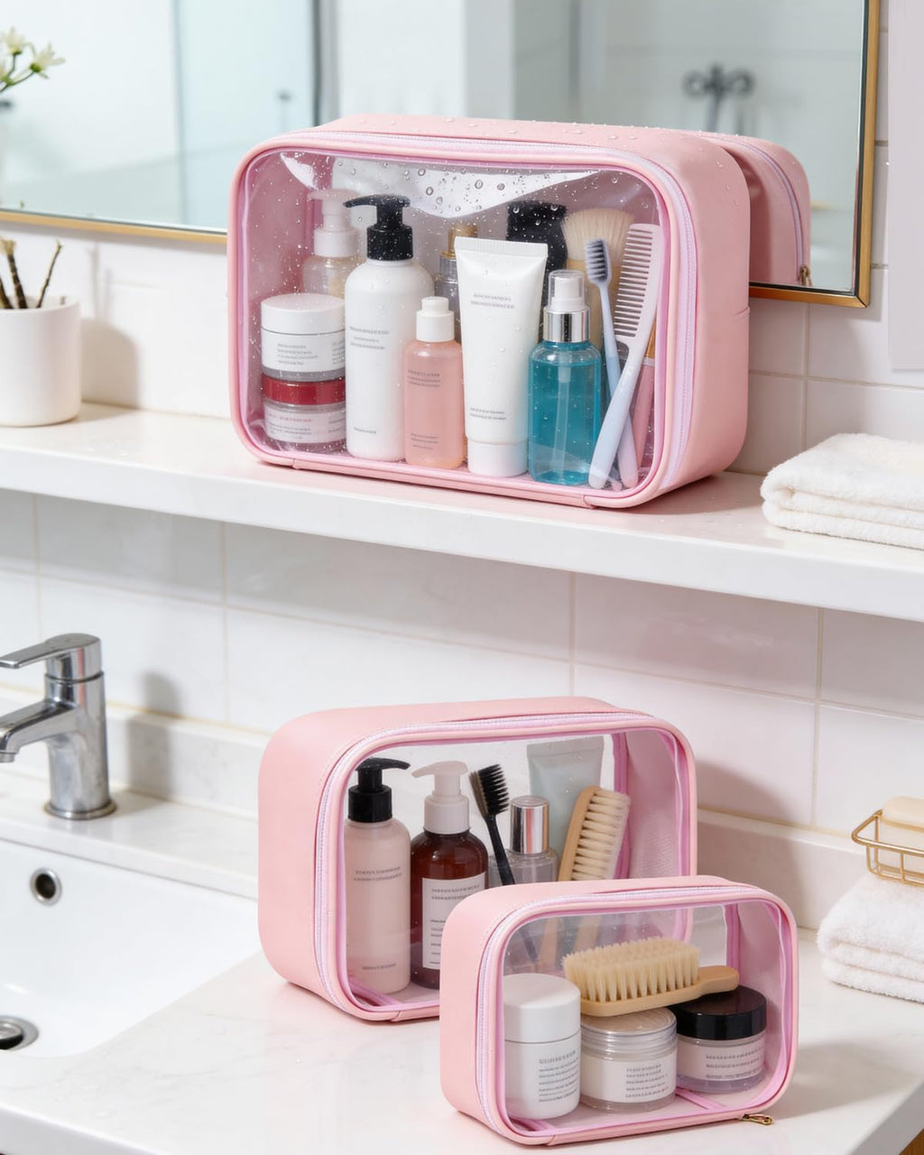 FFpaw Travel Clear Makeup Bag Set for Women, 3 Pack Travel Size Toiletry Bag with Zipper Small Makeup Pouch for Purse Waterproof Portable Cosmetic Case Compact Car Organizer Storage Bag (Pink Set)