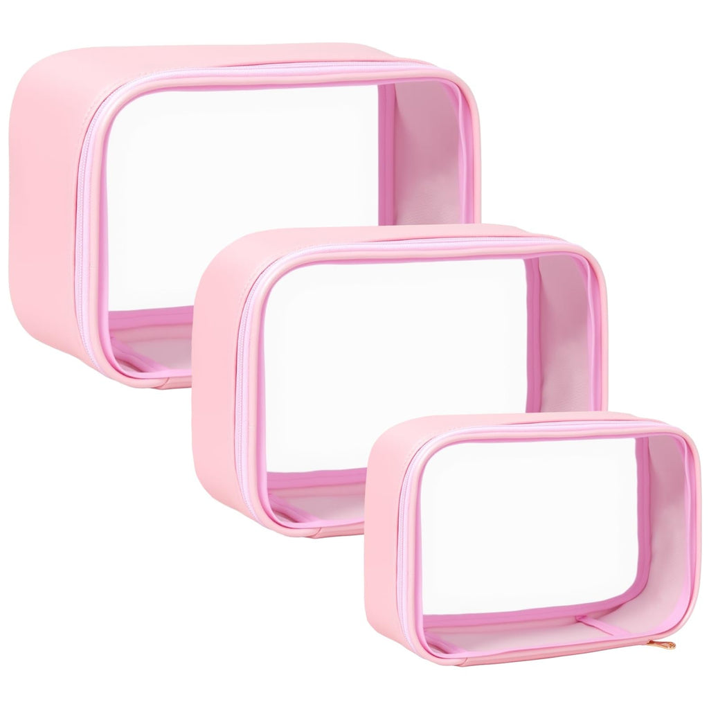 FFpaw Travel Clear Makeup Bag Set for Women, 3 Pack Travel Size Toiletry Bag with Zipper Small Makeup Pouch for Purse Waterproof Portable Cosmetic Case Compact Car Organizer Storage Bag (Pink Set)