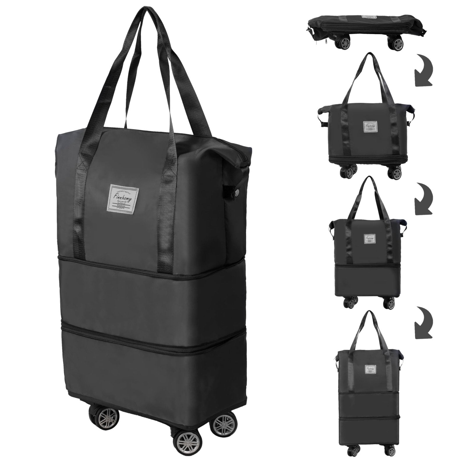 Finnhomy 50L Expandable Rolling Duffel Bag with Wheels Foldable Duffel Bag for Travel Carry on Bag with Wheels Luggage Travel bag Detachable Wheel Duffel Bag for Shopping Travel Outdoor, Black