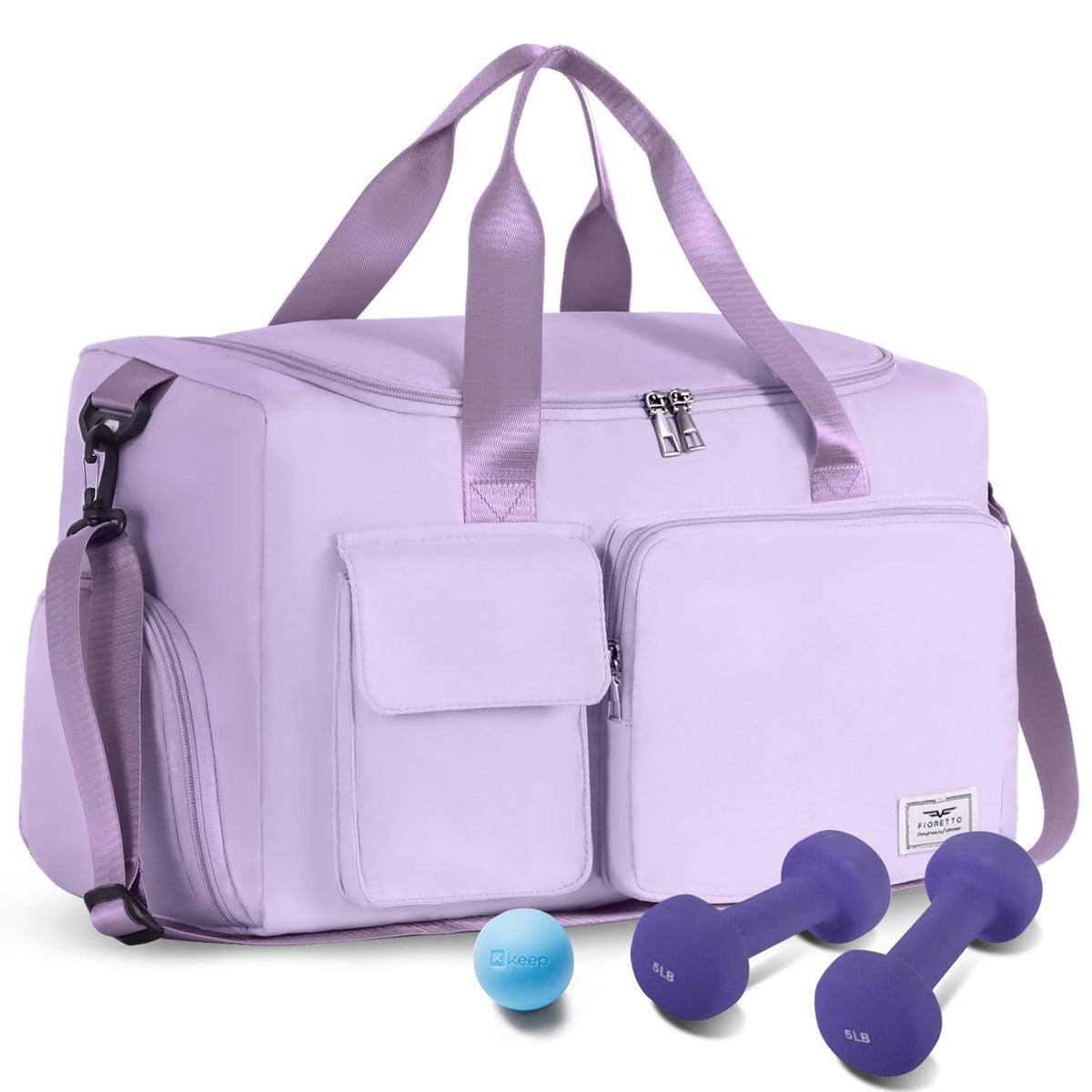 FIORETTO Women's Gym Duffle Bag with Shoes Compartment, 30L Capacity, Ideal for Travel, Gym, Sports, Duffel, Weekender, Lavender