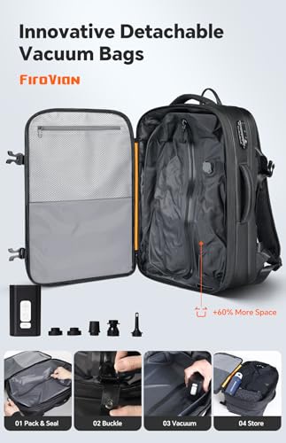FIROVIAN Vacuum Backpack Travel, 70L Expandable Carry On Backpack With Compression System, 2 Detachable TPU Vacuum Bags, TSA Lock, Water-Resistant, Fits 16" Laptop for Business & Travel