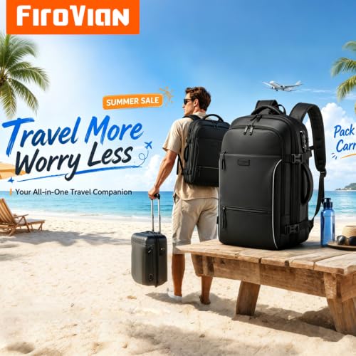 FIROVIAN Vacuum Backpack Travel, 70L Expandable Carry On Backpack With Compression System, 2 Detachable TPU Vacuum Bags, TSA Lock, Water-Resistant, Fits 16" Laptop for Business & Travel