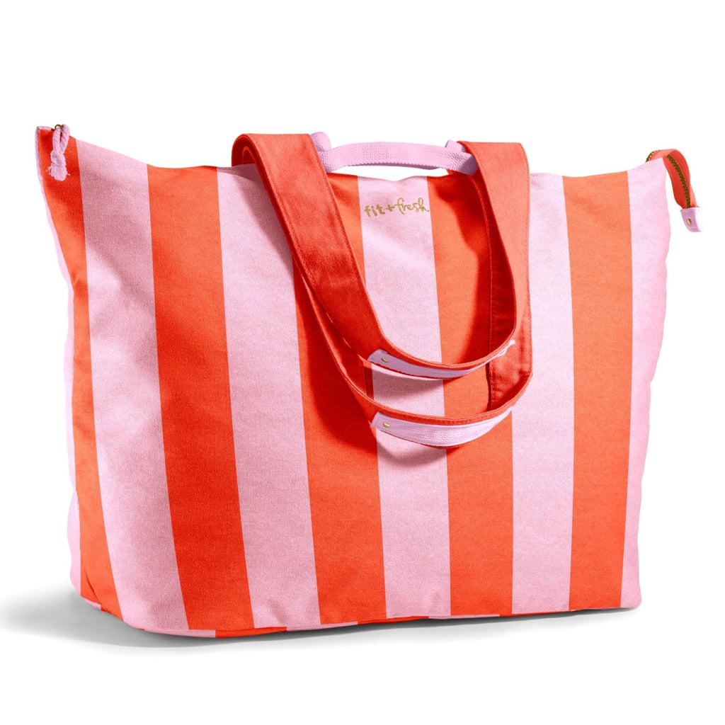 Fit & Fresh Large Beach Bag for Women - Extra Large Travel Tote With Pockets, Pink Stripe