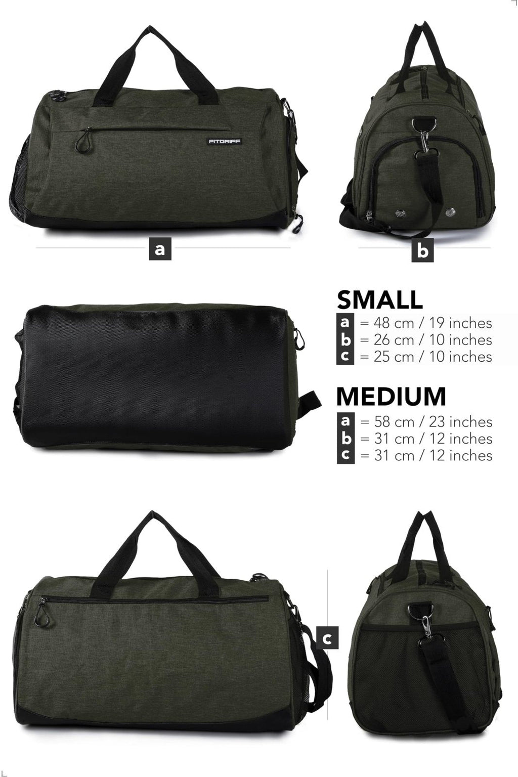 Fitgriff® Gym Bag for Men & Women with Shoe & Wet Compartment - Duffle Bag for Travel, Sports, Fitness & Workout (Army Green, 19 x 10 x 10″ (Small))