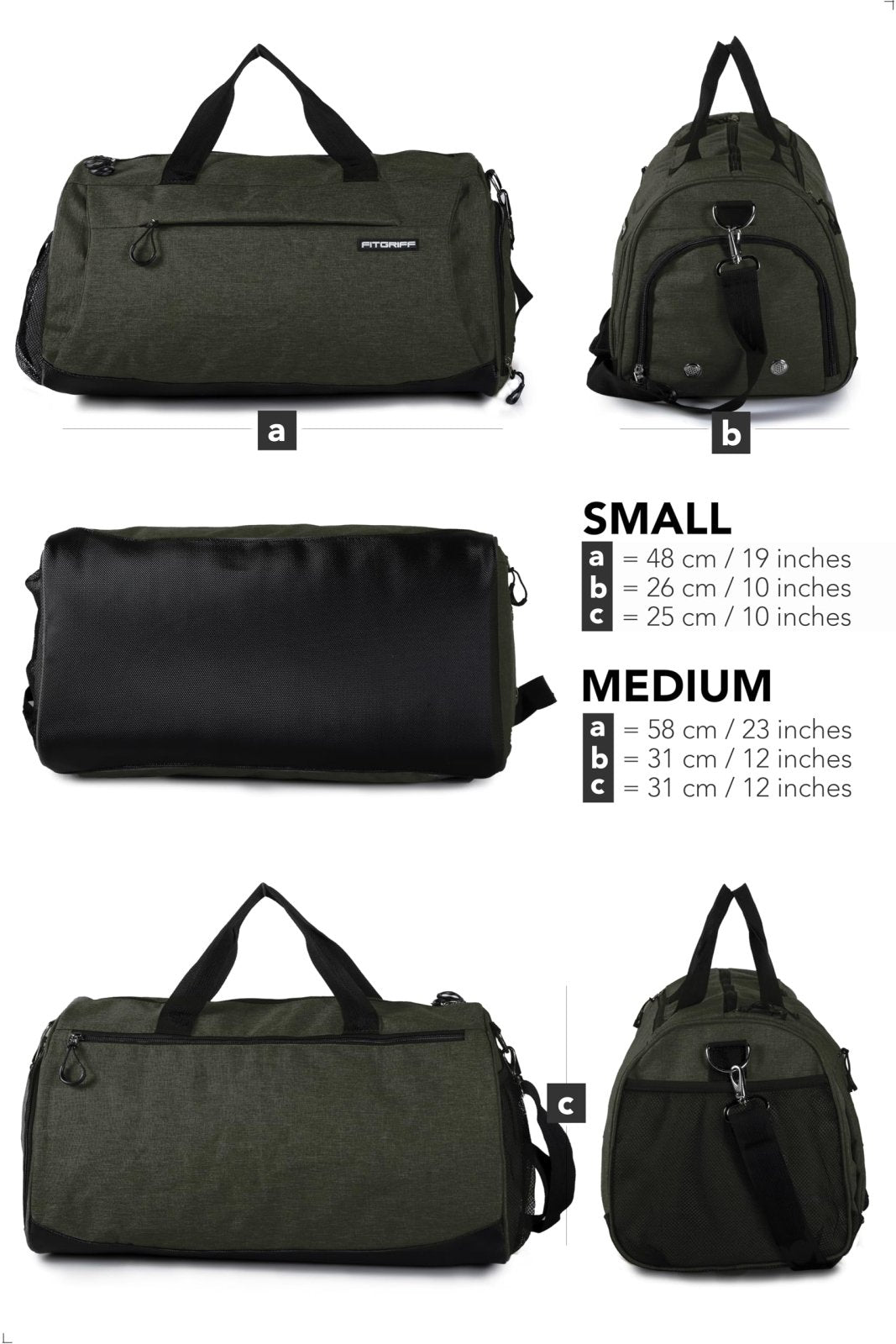 Fitgriff® Gym Bag for Men & Women with Shoe & Wet Compartment - Duffle Bag for Travel, Sports, Fitness & Workout (Army Green, 19 x 10 x 10″ (Small))