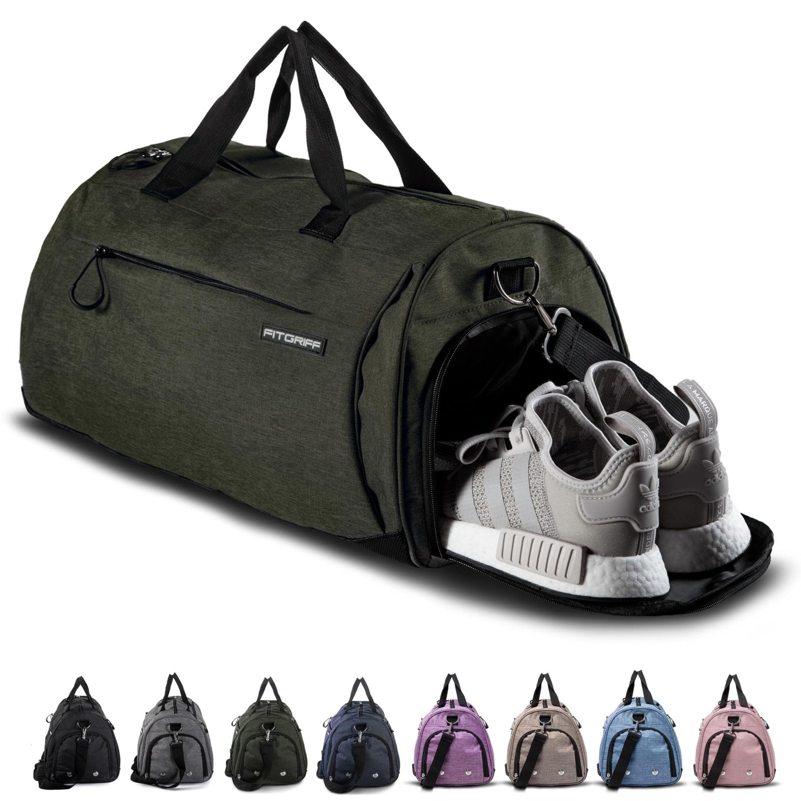Fitgriff® Gym Bag for Men & Women with Shoe & Wet Compartment - Duffle Bag for Travel, Sports, Fitness & Workout (Army Green, 19 x 10 x 10″ (Small))