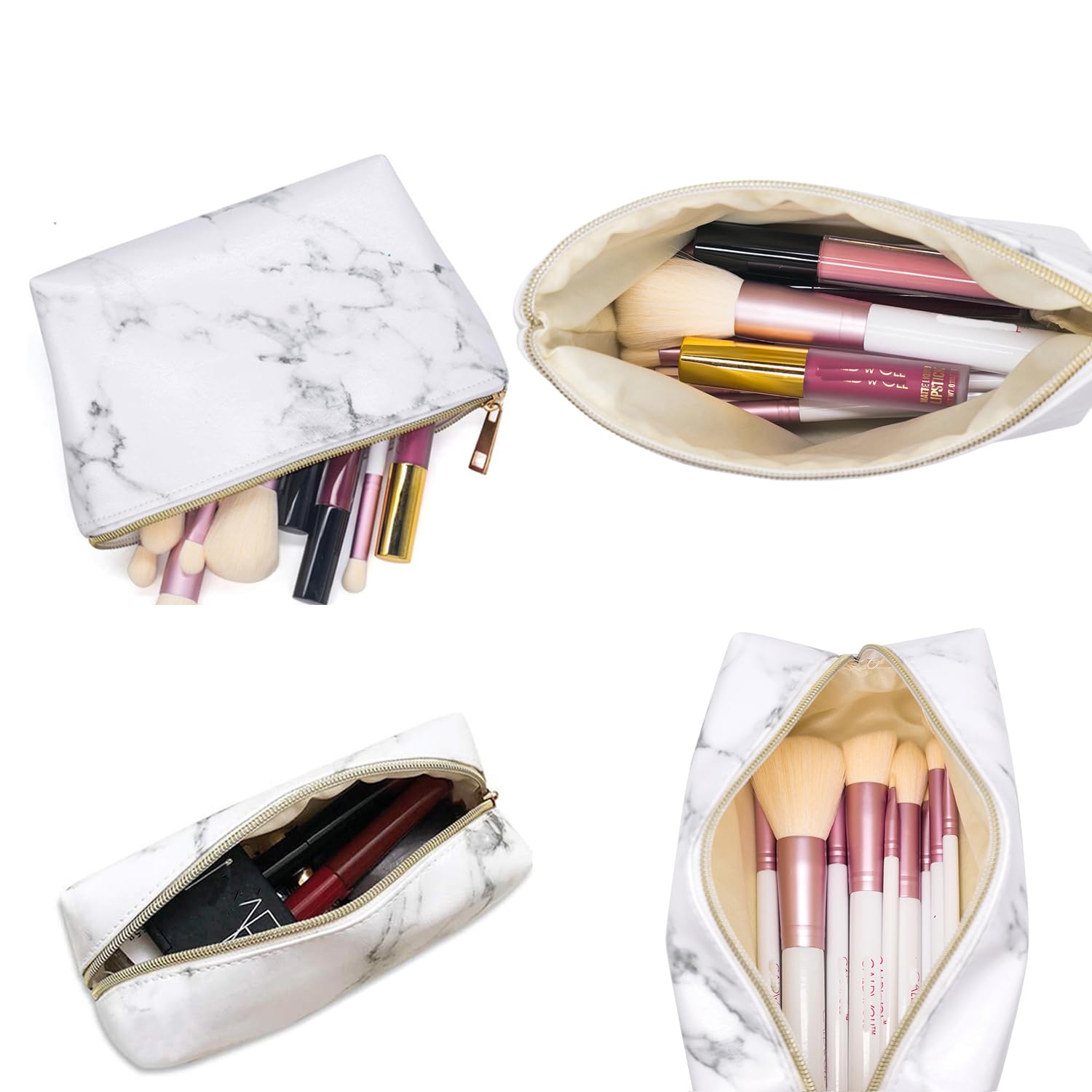 FITINI 3 Pieces Makeup Bags Marble Double Layer Travel Large Cosmetic Cases Organizer Toiletry Bags Waterproof Small Zipper Pouch for Women Makeup Brush Storage Bag,White