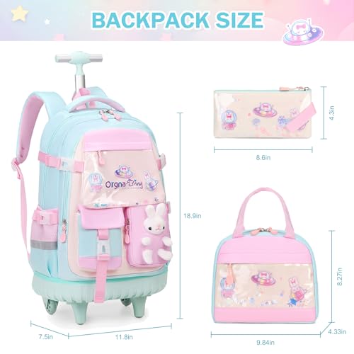 FIXITOK Rolling Backpack for Girls, Kawaii Bunny Roller Wheels School Backpacks with Lunch Bag Pencil case, Wheeled Suitcase Bookbag for Elementary Travel Aquamarine