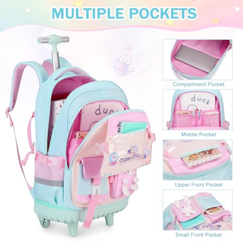 FIXITOK Rolling Backpack for Girls, Kawaii Bunny Roller Wheels School Backpacks with Lunch Bag Pencil case, Wheeled Suitcase Bookbag for Elementary Travel Aquamarine