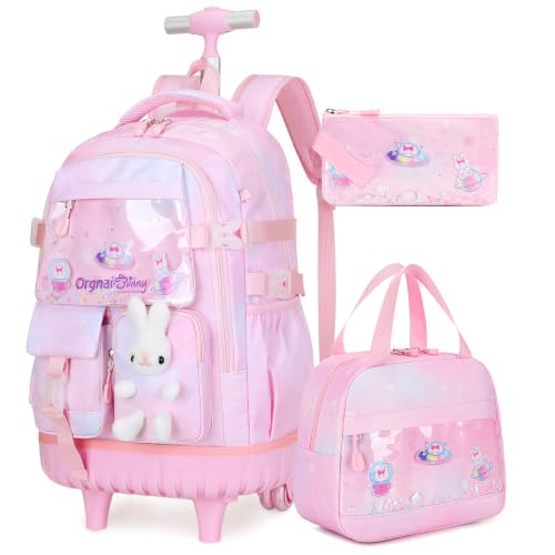 FIXITOK Rolling Backpack for Girls, Kawaii Bunny Roller Wheels School Backpacks with Lunch Bag Pencil case, Wheeled Suitcase Bookbag for Elementary Travel Dreamy-Pink