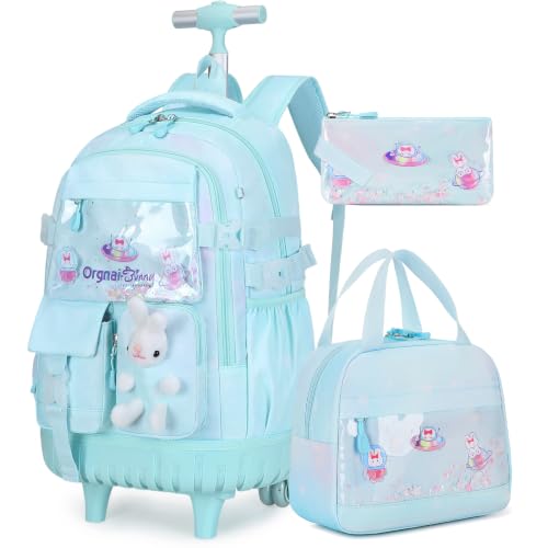 FIXITOK Rolling Backpack for Girls, Kawaii Bunny Roller Wheels School Backpacks with Lunch Bag Pencil case, Wheeled Suitcase Bookbag for Elementary Travel Dreamy Aquamarine