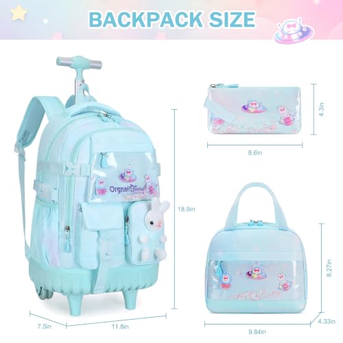 FIXITOK Rolling Backpack for Girls, Kawaii Bunny Roller Wheels School Backpacks with Lunch Bag Pencil case, Wheeled Suitcase Bookbag for Elementary Travel Dreamy Aquamarine