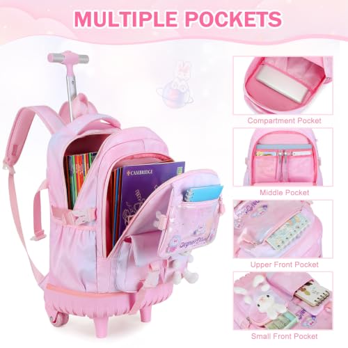 FIXITOK Rolling Backpack for Girls, Kawaii Bunny Roller Wheels School Backpacks with Lunch Bag Pencil case, Wheeled Suitcase Bookbag for Elementary Travel Dreamy-Pink