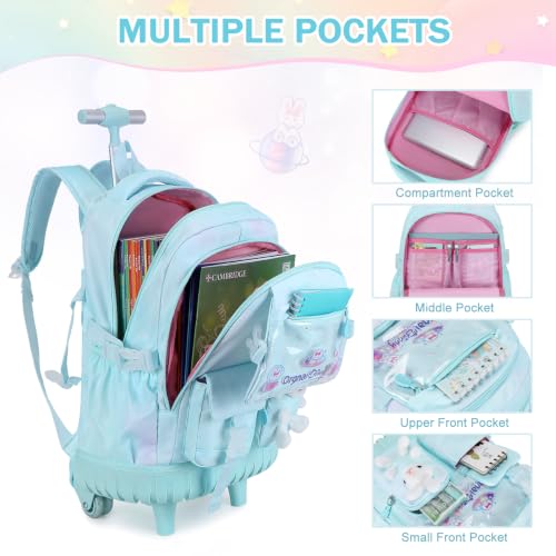 FIXITOK Rolling Backpack for Girls, Kawaii Bunny Roller Wheels School Backpacks with Lunch Bag Pencil case, Wheeled Suitcase Bookbag for Elementary Travel Dreamy Aquamarine