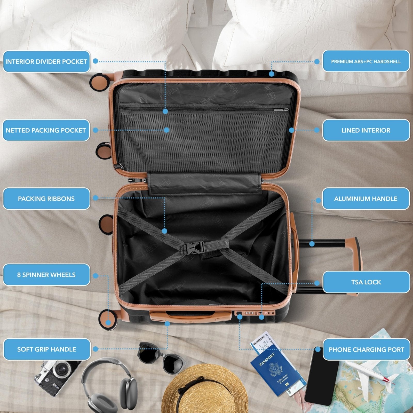 Flight Knight 22x14x9 Expandable Carry On Suitcase Hardside TSA Lock USB C Port Lightweight Luggage Silent Double Spinner Wheels Maximum Overhead Carry - On Bag American United Approved Black/Tan