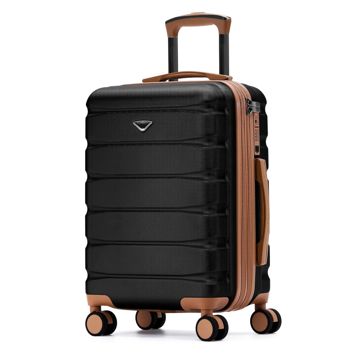 Flight Knight 22x14x9 Expandable Carry On Suitcase Hardside TSA Lock USB C Port Lightweight Luggage Silent Double Spinner Wheels Maximum Overhead Carry-On Bag American United Approved Black/Tan