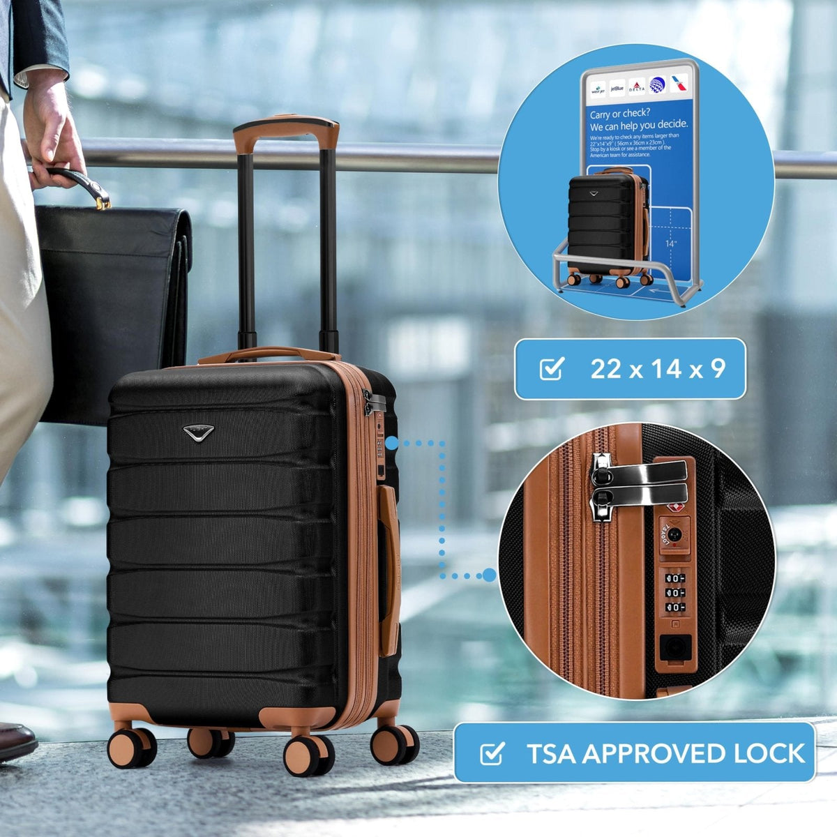 Flight Knight 22x14x9 Expandable Carry On Suitcase Hardside TSA Lock USB C Port Lightweight Luggage Silent Double Spinner Wheels Maximum Overhead Carry - On Bag American United Approved Black/Tan
