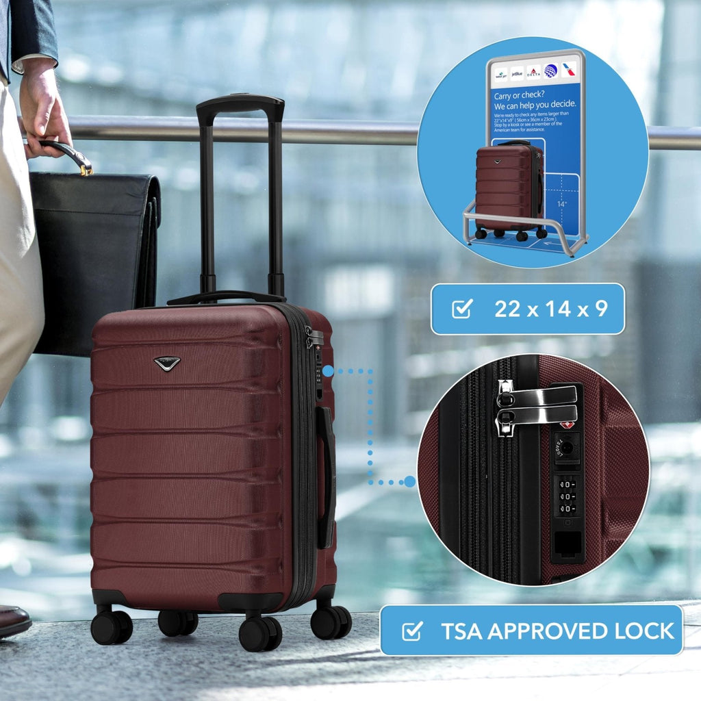 Flight Knight 22x14x9 Expandable Carry On Suitcase Hardside TSA Lock USB C Port Lightweight Luggage Silent Double Spinner Wheels Maximum Overhead Carry - On Bag For American United Approved Burgundy
