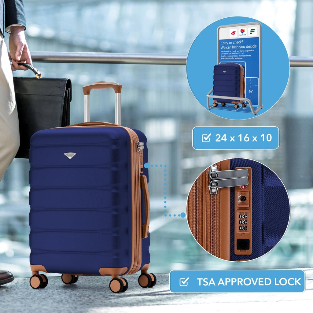 Flight Knight 24x16x10 Expandable Carry On Suitcase Hardside TSA Lock USB C Lightweight Luggage Silent Double Spinner Wheels Maximum Overhead Carry - On Bag For Virgin South West Approved Navy/Tan