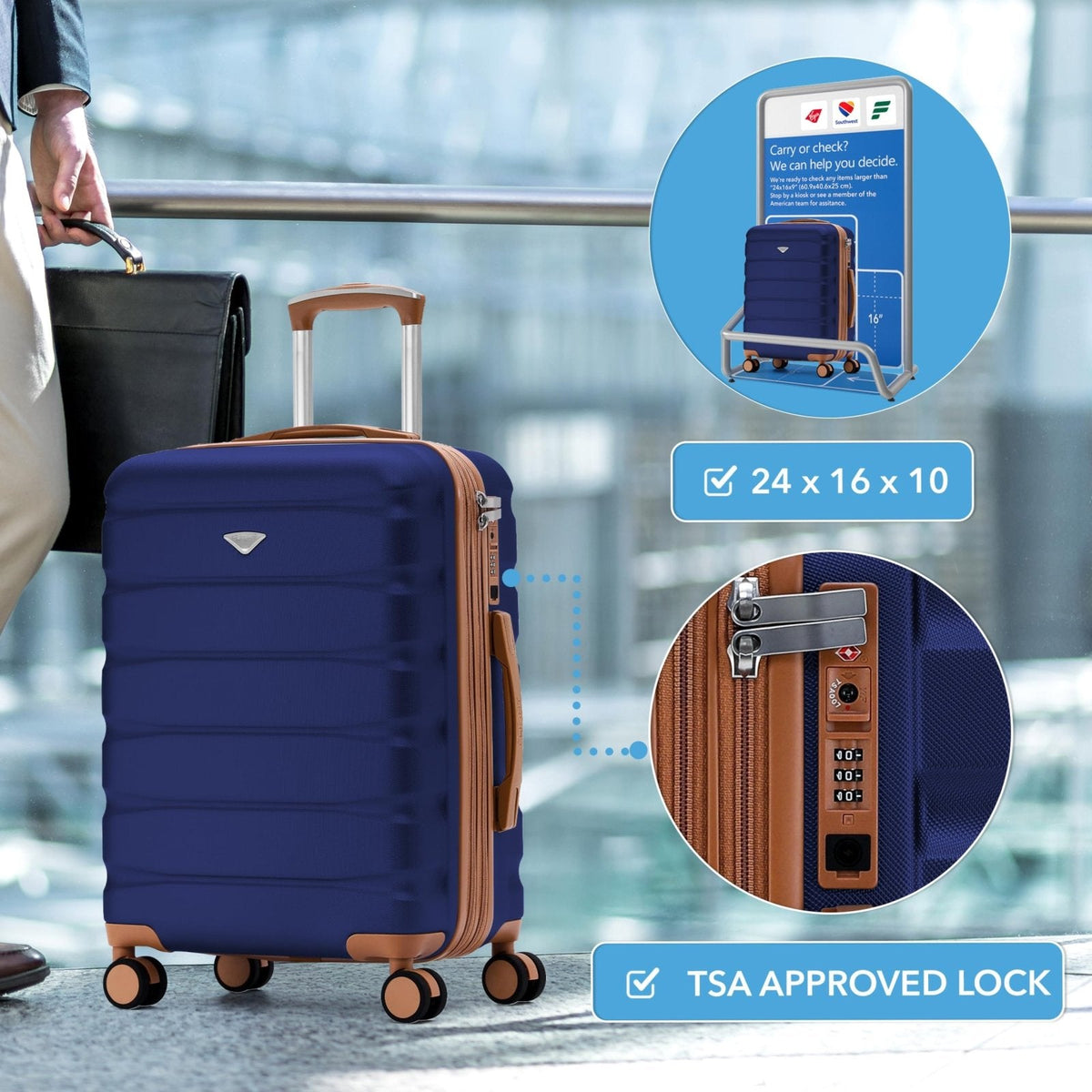 Flight Knight 24x16x10 Expandable Carry On Suitcase Hardside TSA Lock USB C Lightweight Luggage Silent Double Spinner Wheels Maximum Overhead Carry - On Bag For Virgin South West Approved Navy/Tan