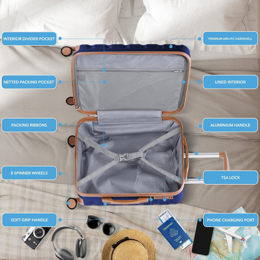 Flight Knight 24x16x10 Expandable Carry On Suitcase Hardside TSA Lock USB C Lightweight Luggage Silent Double Spinner Wheels Maximum Overhead Carry - On Bag For Virgin South West Approved Navy/Tan