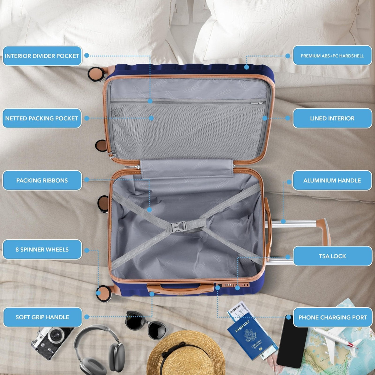 Flight Knight 24x16x10 Expandable Carry On Suitcase Hardside TSA Lock USB C Lightweight Luggage Silent Double Spinner Wheels Maximum Overhead Carry - On Bag For Virgin South West Approved Navy/Tan