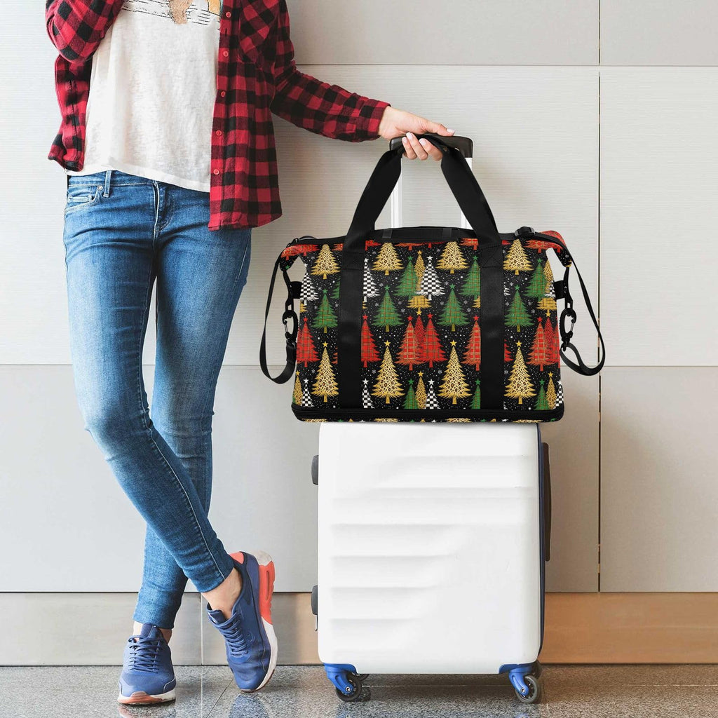 Foldable Gym Bag Merry Christmas Trees Buffalo Leopard Travel Weekender Gear Bag with Adjustable Strap for Airplane Traveling
