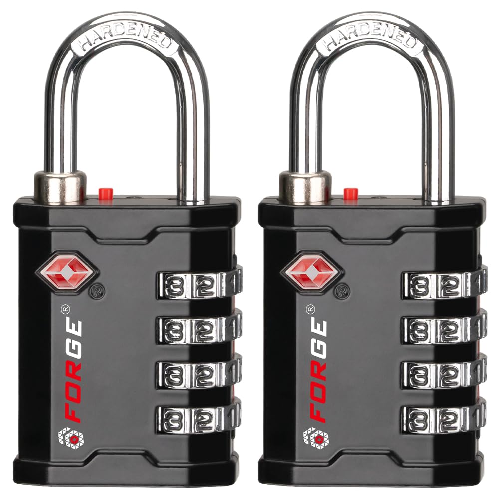 Forge 4-Digit TSA Approved Travel Locks – Heavy-Duty Combination Padlock for Travel, Gym, Pelican Case. Black 2-Pack.