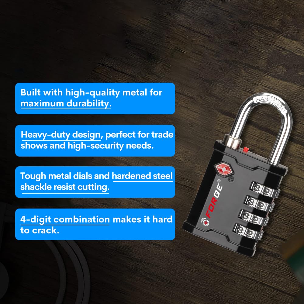 Forge 4 - Digit TSA Approved Travel Locks – Heavy - Duty Combination Padlock for Travel, Gym, Pelican Case. Black 2 - Pack.
