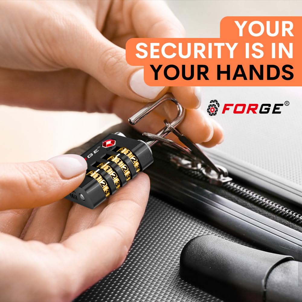 Forge Dual - Opening: Key or Combination Access Lock, TSA Approved Locks for Luggage, Pelican case, Travel, Gym, School, Stainless Steel Shackle. (Black, 4 Pk)