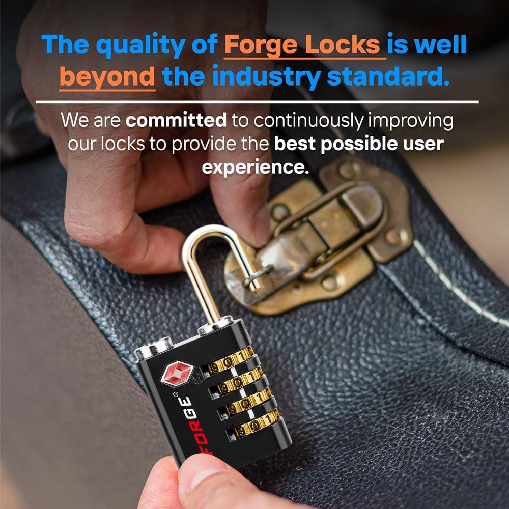 Forge Dual - Opening: Key or Combination Access Lock, TSA Approved Locks for Luggage, Pelican case, Travel, Gym, School, Stainless Steel Shackle. (Black, 4 Pk)