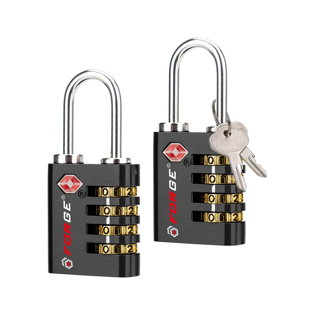 Forge Dual-Opening: Key or Combination Access Lock, Use Key to Recover Code If Forgotten, TSA Approved Locks for Luggage, Pelican case, Travel, Gym, School, Stainless Steel Shackle. (Black 2 Pk)