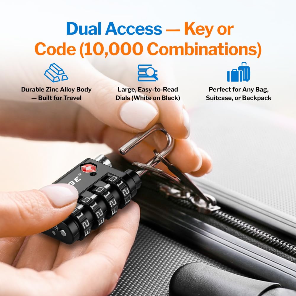 Forge Dual - Opening: Key or Combination Lock, TSA Approved Lock for Luggage, Pelican case, Travel, Gym, School,Luggage Combination Lock,Travel Bag Lock (Black 2 Pack)