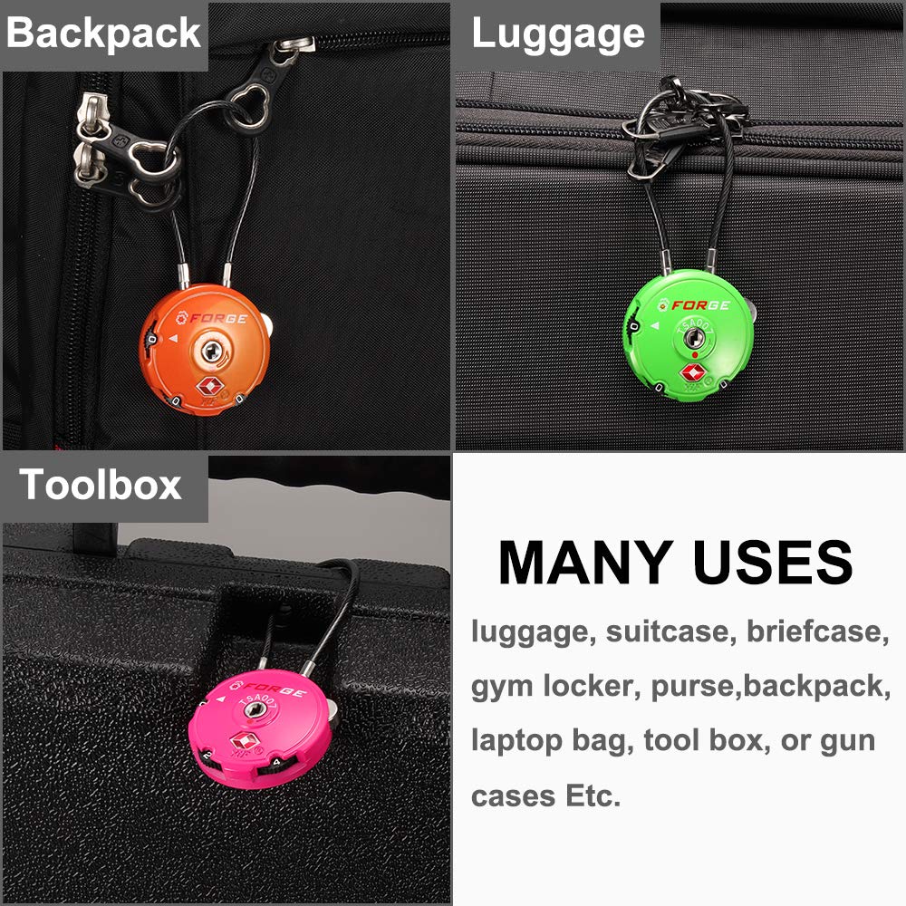 Forge Quality TSA Approved Luggage Locks for Travel Accessories, Suitcase, Pelican case, Ammo Boxes, Set Your own Combination, Zinc Alloy Body - Cable Black 4 Locks