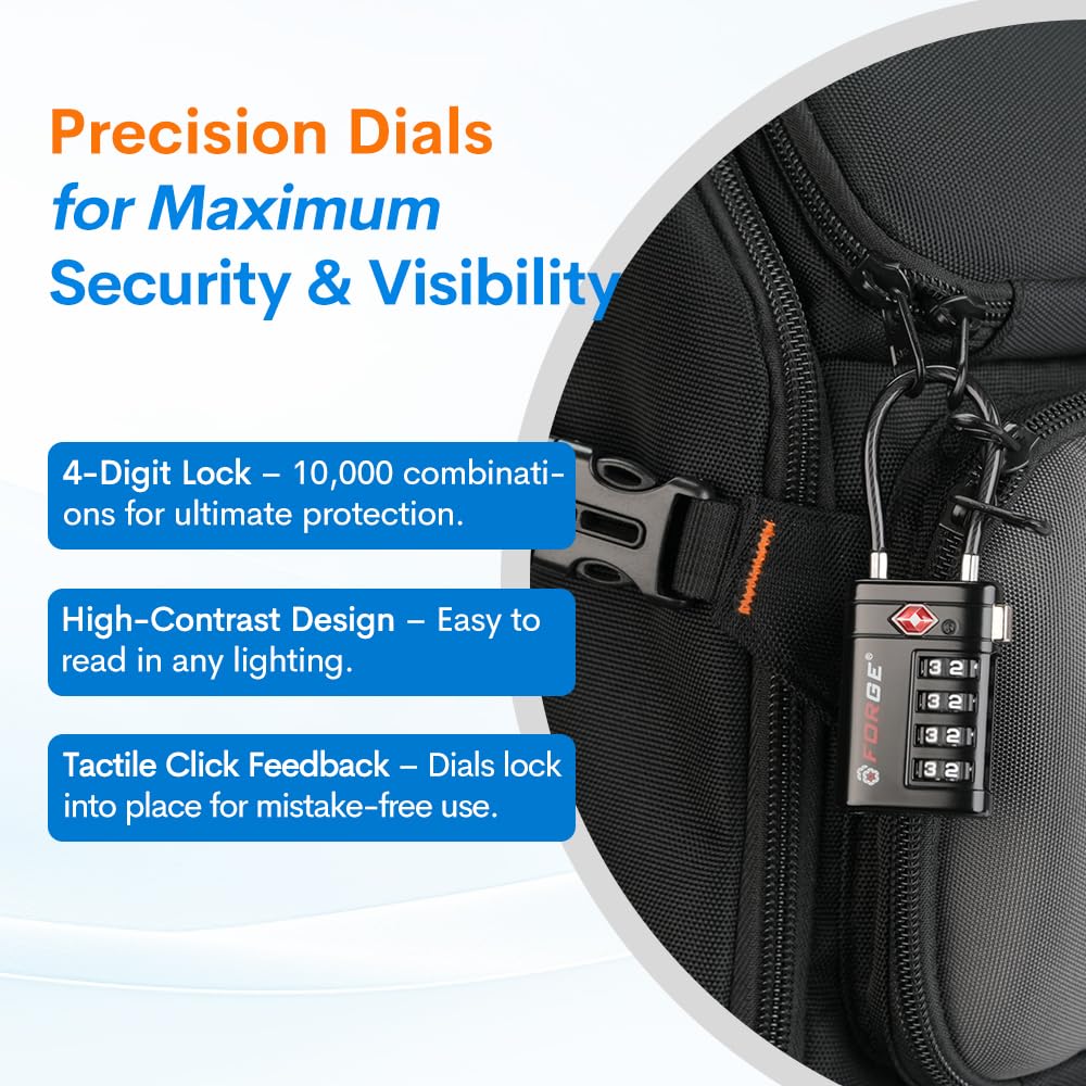 Forge TSA Approved Luggage Locks 4 Digit Combination TSA Travel Locks with TSA008, Open Alert Indicator, Zinc Alloy Body for Luggage, Suitcase, Backpack, and More. Black 4 Locks.
