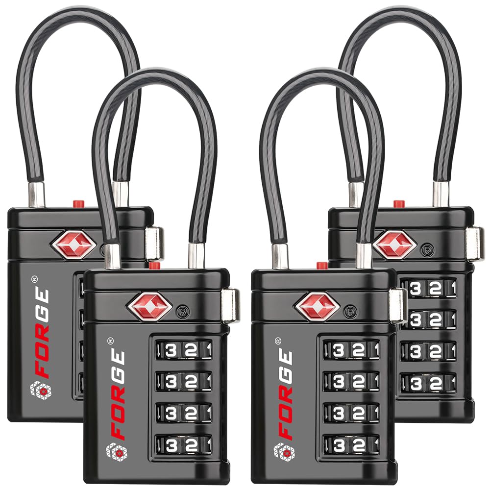 Forge TSA Approved Luggage Locks 4 Digit Combination TSA Travel Locks with TSA008, Open Alert Indicator, Zinc Alloy Body for Luggage, Suitcase, Backpack, and More. Black 4 Locks.