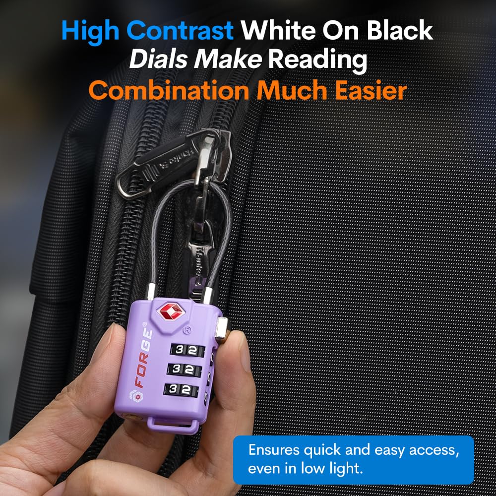 Forge TSA Approved Luggage Locks, Re - settable Combination with Alloy Body, Light Purple 2 PK, for Luggage, Suitcase, Backpack and More.